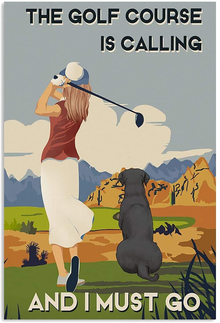 Vintage Girl Playing Golf And Dog  Golf Course Calling Must Go Poster Canvas Art Print Home Decor Gift For Men Women Family Friend On Birthday Xmas, Poster print, Wall Art