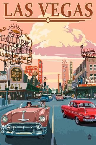 Art Print: Las Vegas Old Strip Scene Poster, Retro Poster, Vintage Poster