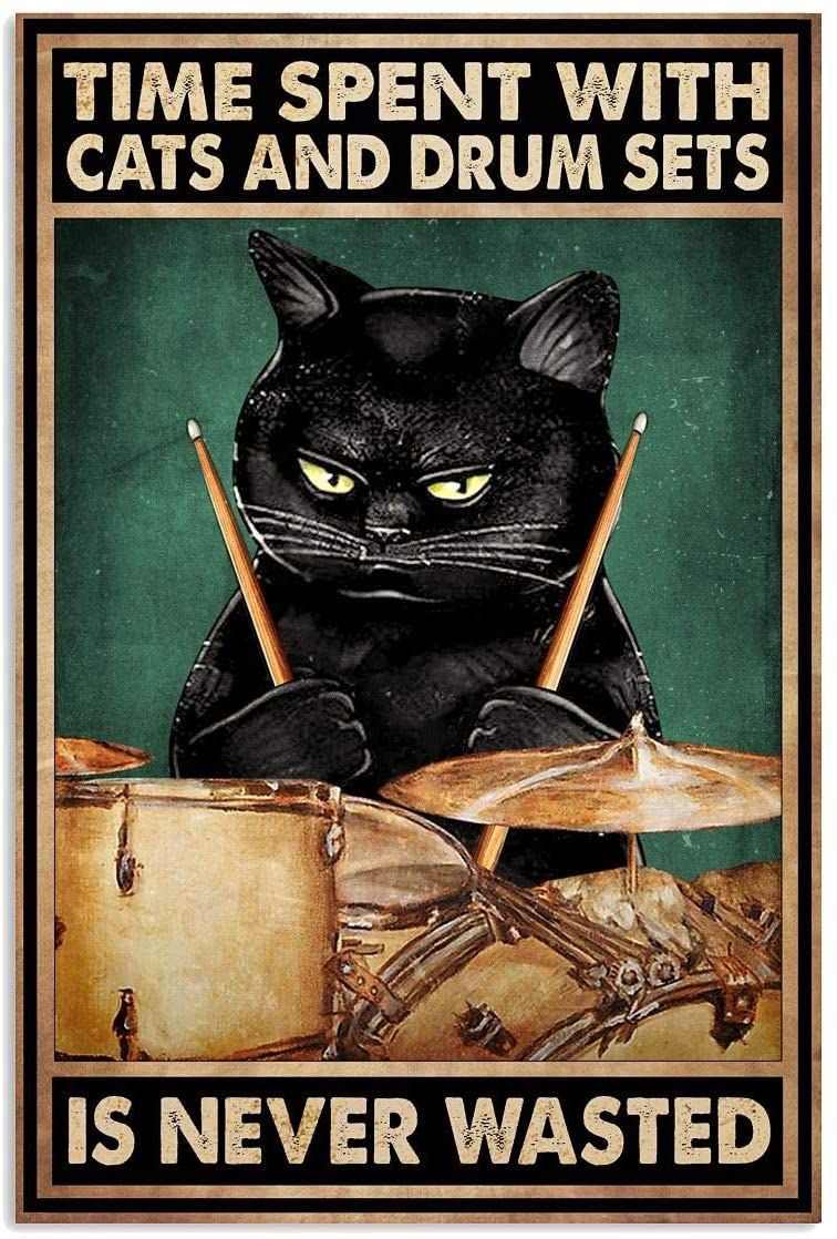 Time Spent With Cats And Drum Sets Is Never Wasted Poster, Funny Black Cat Drum Lover Gifts For Men Women Vertical Poster Full Size For Birthday, Halloween, Poster print, Wall Art