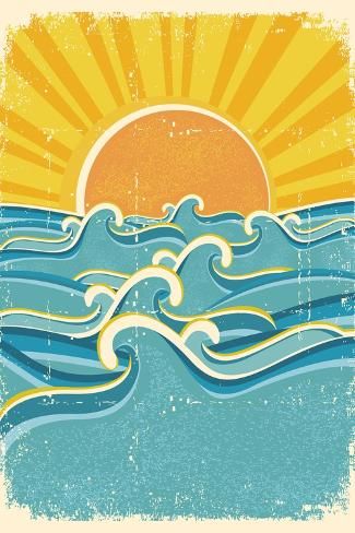 Art Print: Sea Waves and Yellow Sun on Old Paper Texture.Vintage Illustration by Tancha, Retro Poster, Vintage Poster