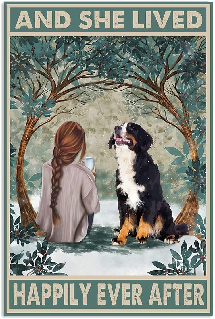 Bernese Mountain Dog Poster, And She Lived Happily Ever After Poster No Frame Winter Garden Wall Art House Decor Gift For Dog Lovers On Xmas Birthday, Poster print, Wall Art