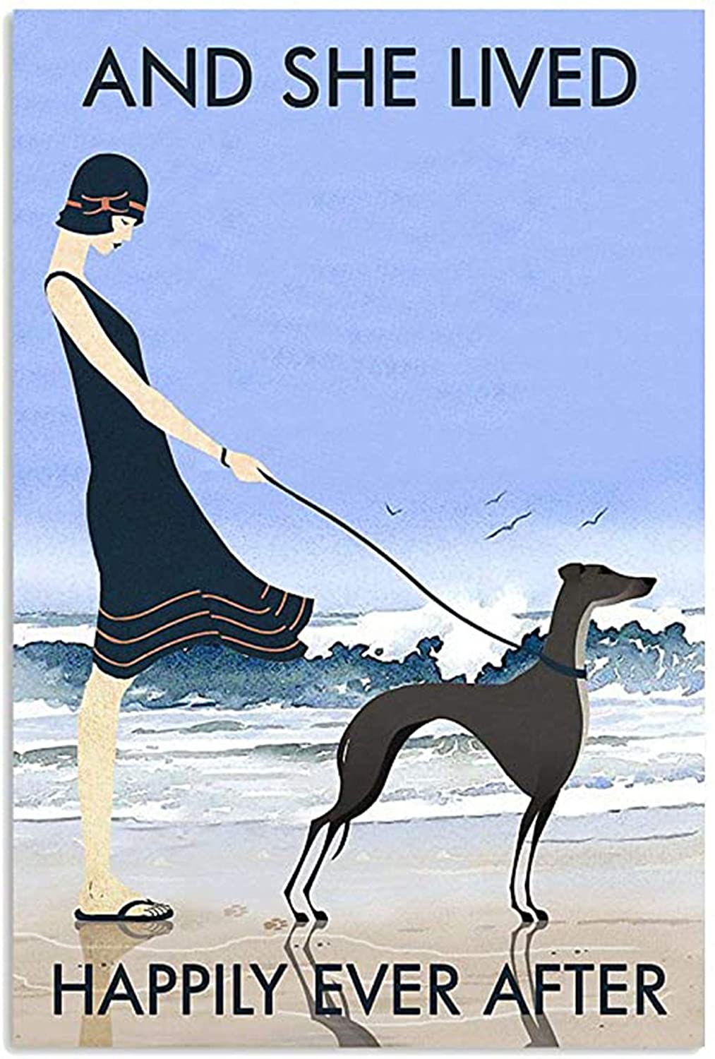 Beach And She Lived Happily Ever After Greyhound Dog Poster Gift For Women Men, On Birthday Xmas, Art Print, Poster Art Idea, Wall Art Idea