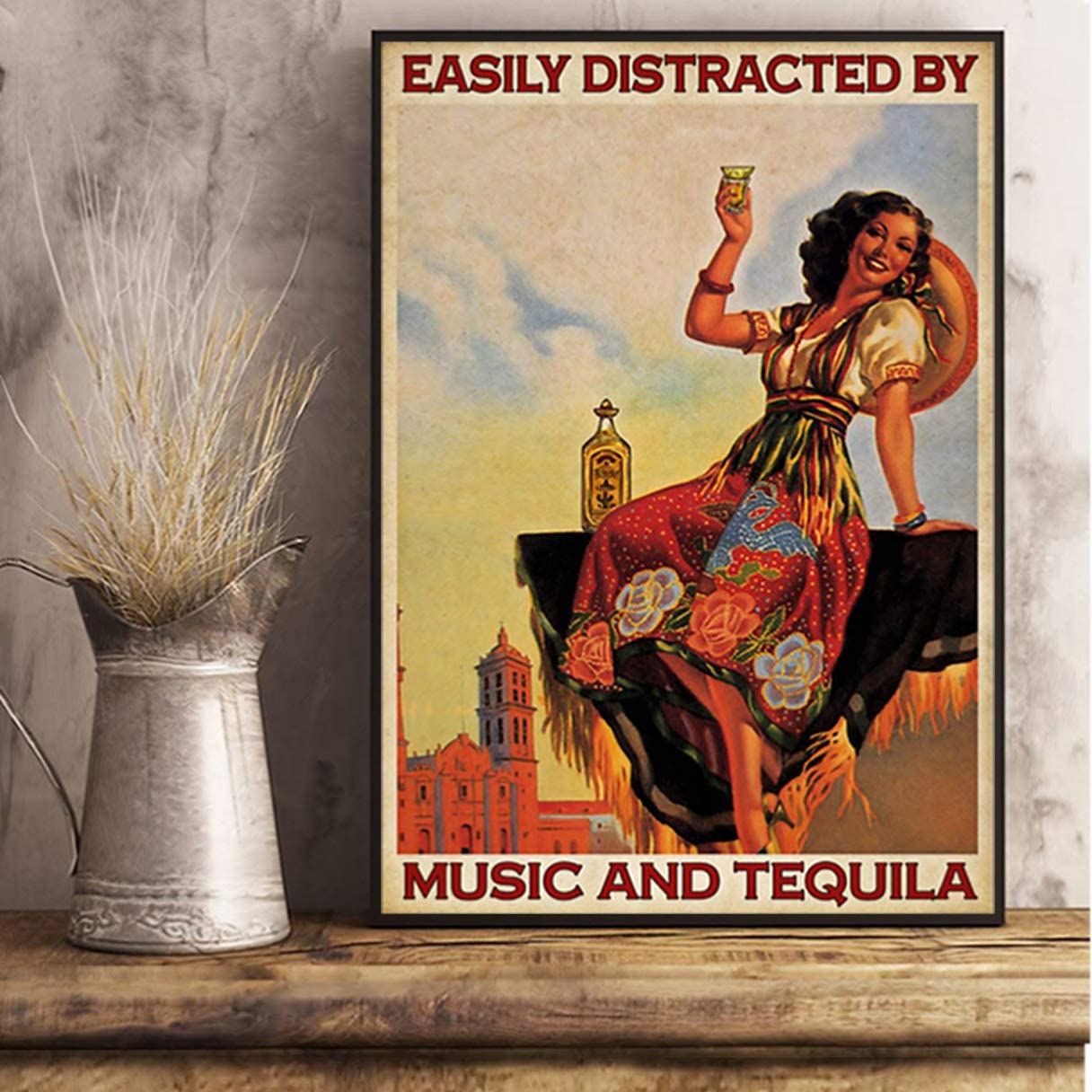 Vintage Girl Drinks  Easily Distracted By Music And Tequila Poster Art Print Home Decor Gift For Men Women Family Friend On Birthday Xmas, Poster Art Idea, Wall Art Idea