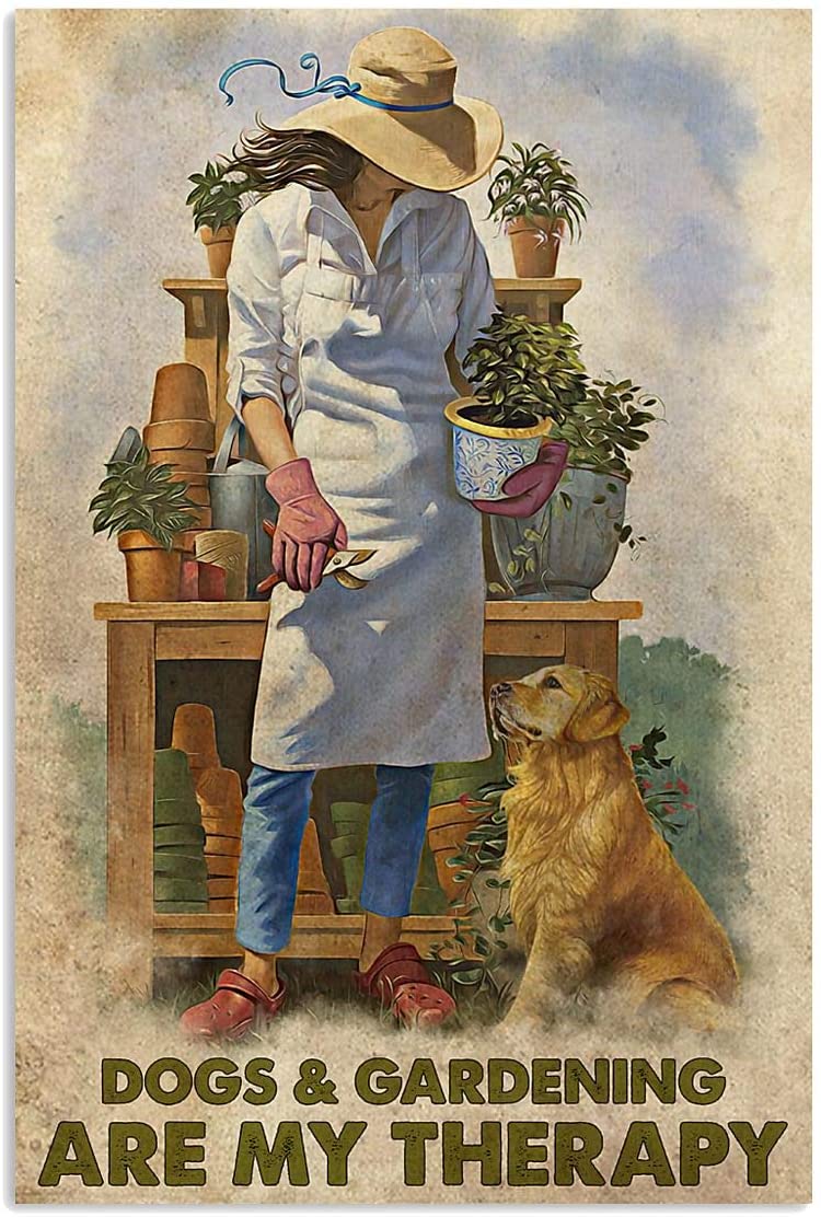 Dogs And Gardening Are My Therapy Vintage Poster Canvas Wall Art Print, Poster print, Wall Art
