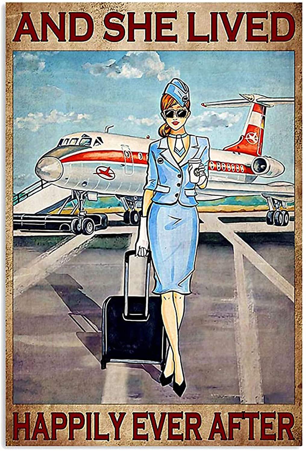 Vintage Flight Attendant Girl Happily Poster Canvas And She Lived Happily Ever After Poster Canvas Print Great, On Christmas, Birthday, Home Decor, Full, Poster print, Wall Art