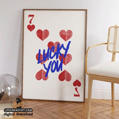 Trendy Lucky You Print, Retro Red Hearts Number Seven Playing Card Poster, Y2K Room Decor, Funky Wall Art, Preppy Wall Art, Dorm Room Decor