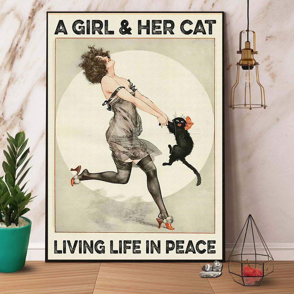 A Girl & Her Cat Living Life In Peace Paper Poster, Poster Art Idea, Wall Art Idea