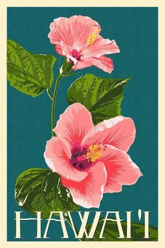 Art Print: Hawaii – Pink Hibiscus Flower, Retro Poster, Vintage Poster