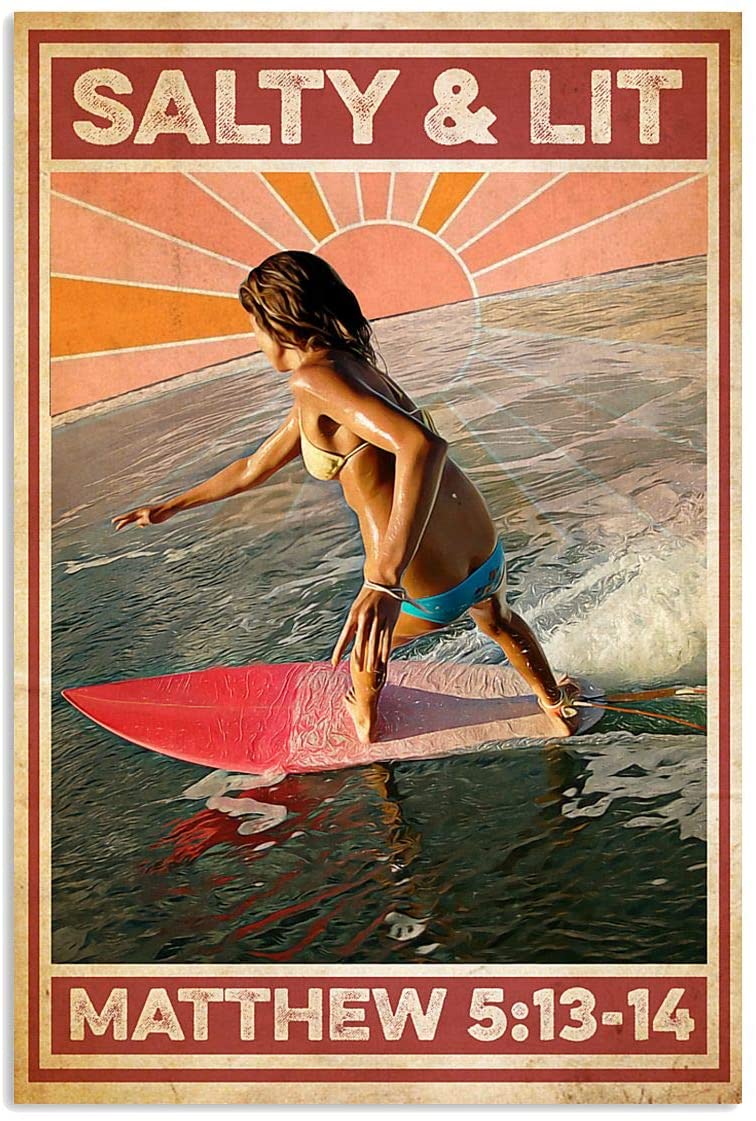 Vintage Girl Surfing Salty And Lit Poster Art Print Home Decor Gift For Men Women Family Friend On Birthday Xmas, Poster print, Wall Art