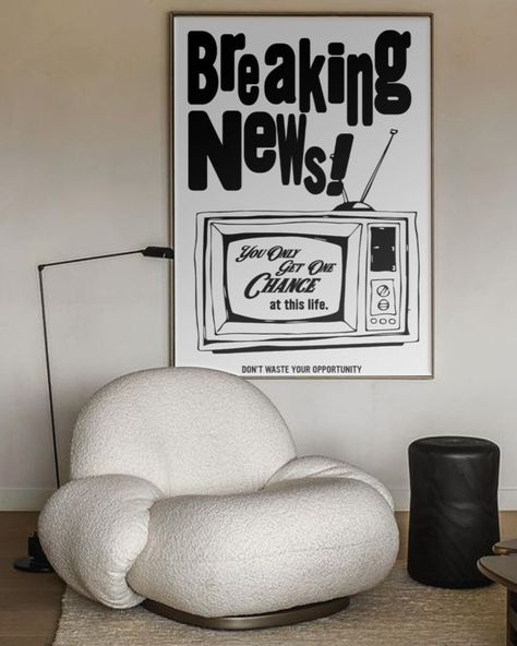 Breaking News TV, Retro Trendy Wall Art, Vintage Wall Art, Black and White Illustration, Wall Print